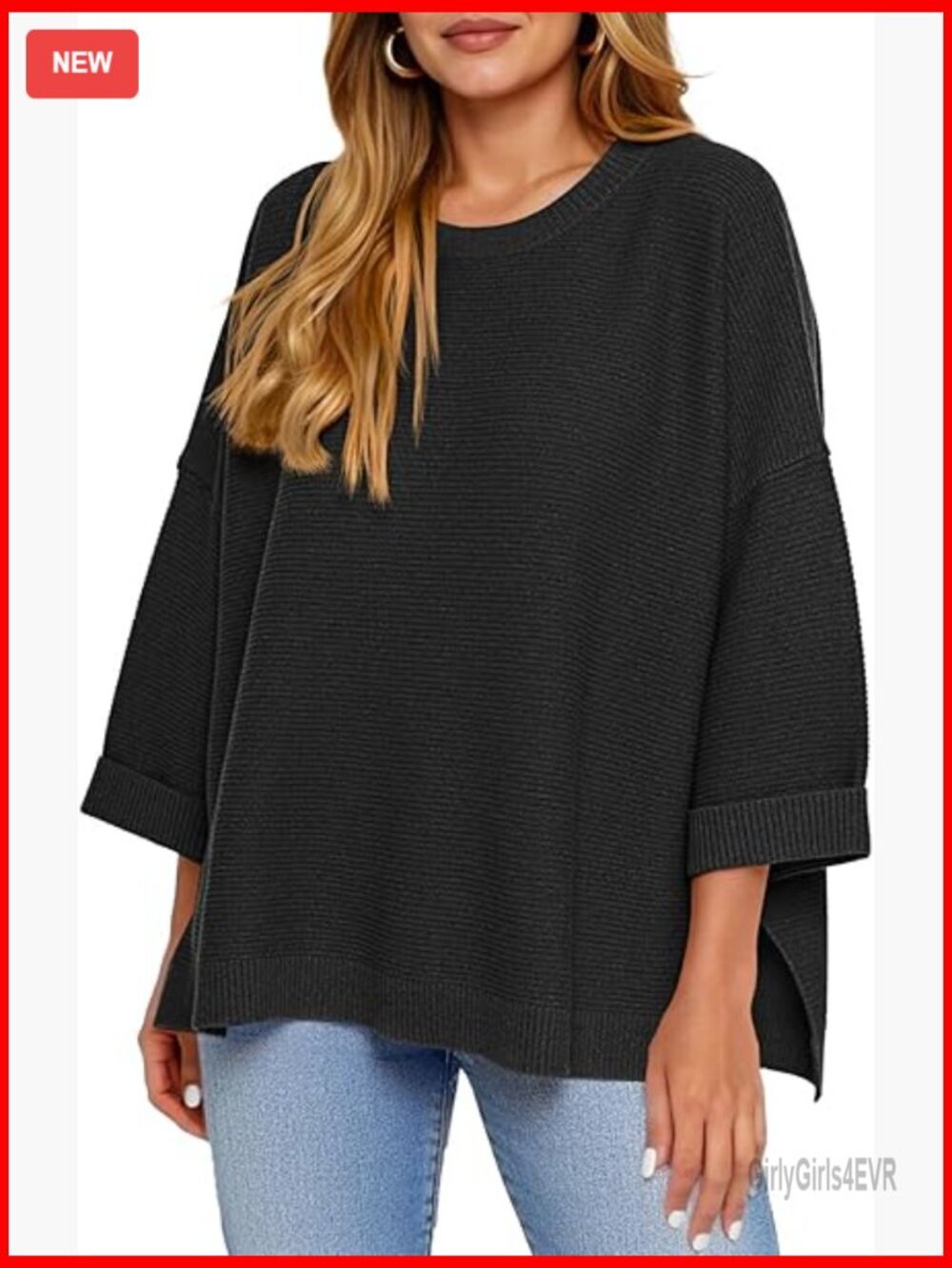 Oversized Ribbed Knit 3/4 Sleeve Crewneck Pullover Sweater Tunic Tops